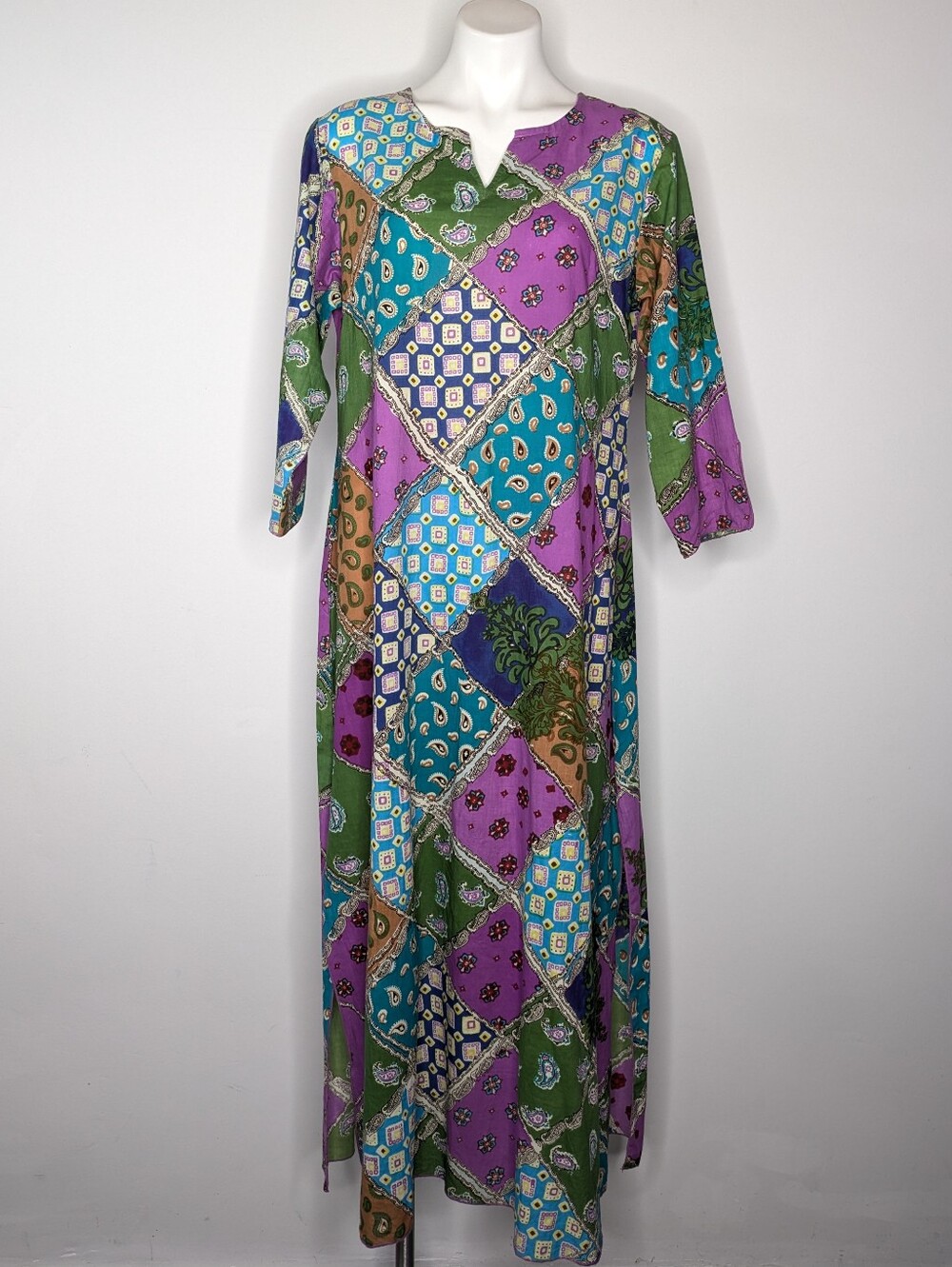 Vintage Phool Blue Purple Mixed Print Patchwork Style Cotton Tunic Maxi Dress L